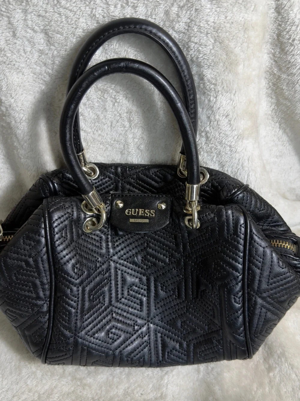 Guess Geometric Quilted Barrel Satchel Bag Black 3D Cube Top Handbag Purse
